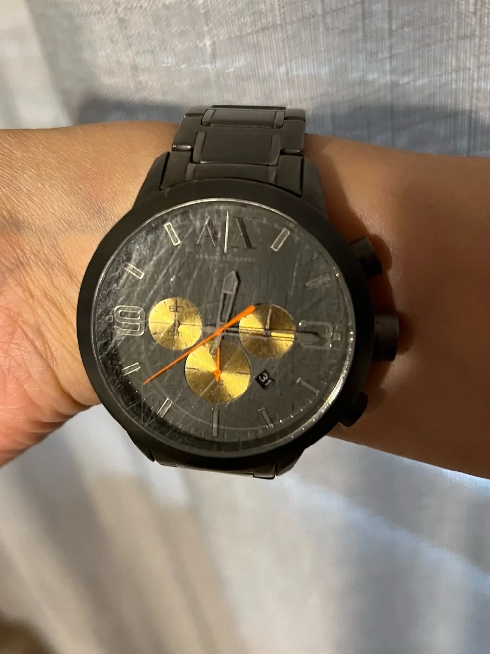 Armani Exchange grey Men's Chronograph Watch with Gold Subdials and Orange Hands